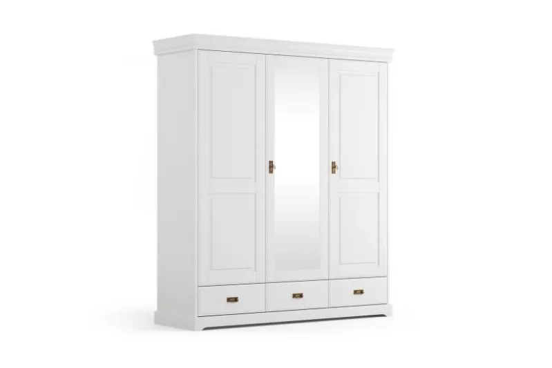 Armadio 3 ante con specchio in legno massello bianco toscano shabby