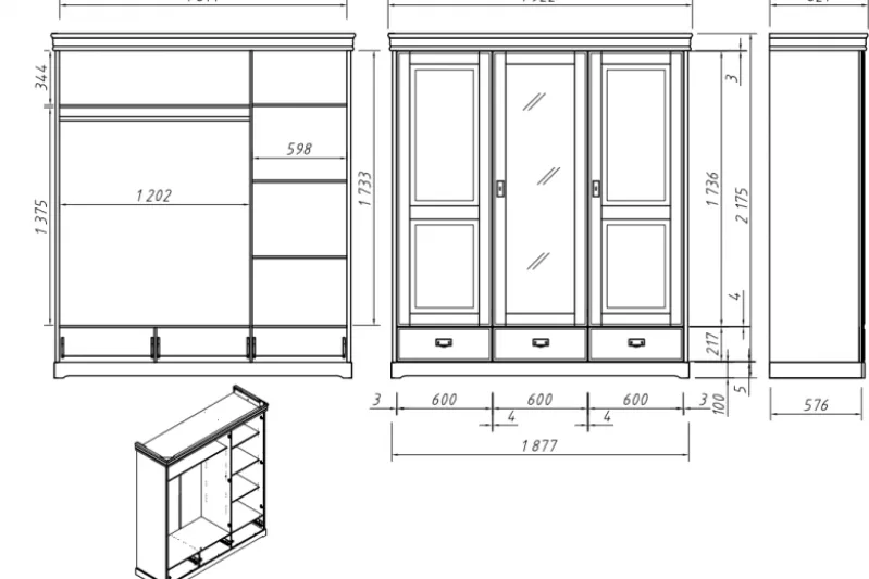 Armadio 3 ante con specchio in legno massello bianco toscano shabby