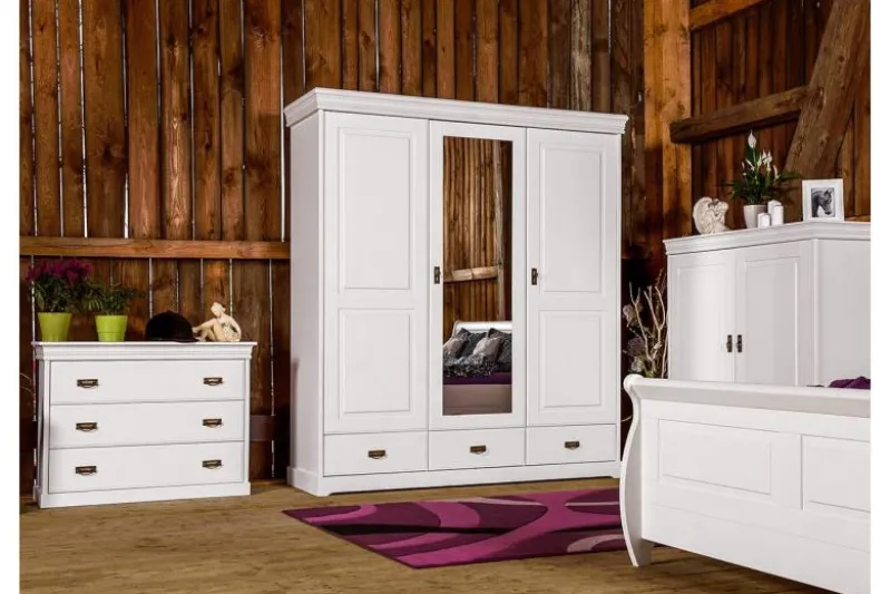 Armadio 3 ante con specchio in legno massello bianco toscano shabby