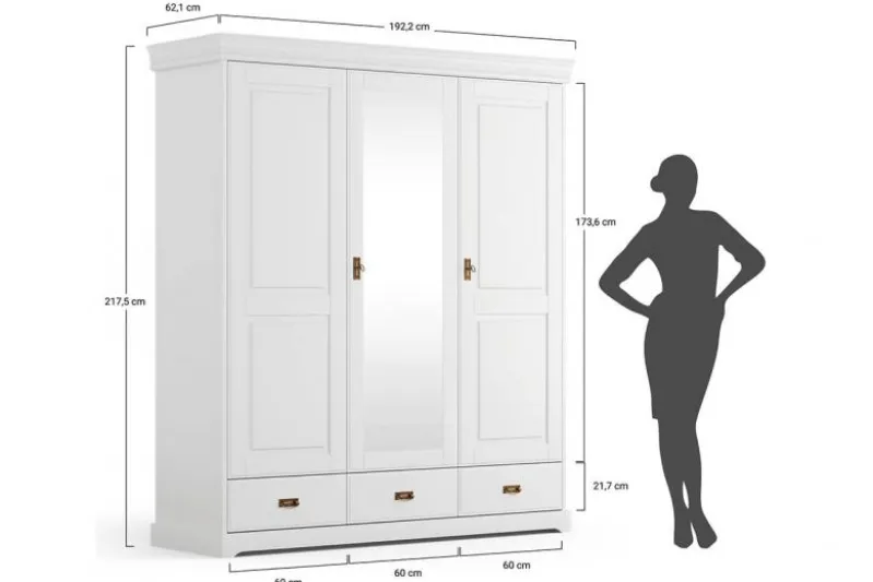 Armadio 3 ante con specchio in legno massello bianco toscano shabby