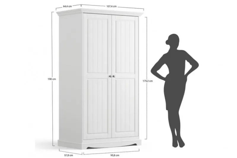 Armadio 2 ante shabby chic pino massello bianco e cornice noce
