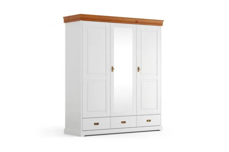 Armadio legno massello 3 ante con specchio bianco e miele toscano shabby
