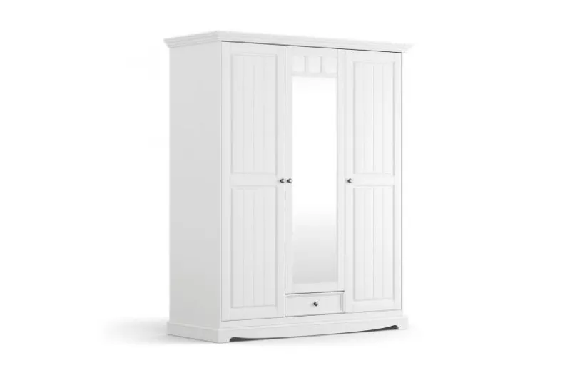 Armadio shabby chic legno massello di pino bianco 3 ante con specchio