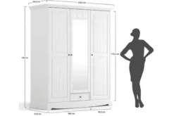 Armadio shabby chic legno massello di pino bianco 3 ante con specchio