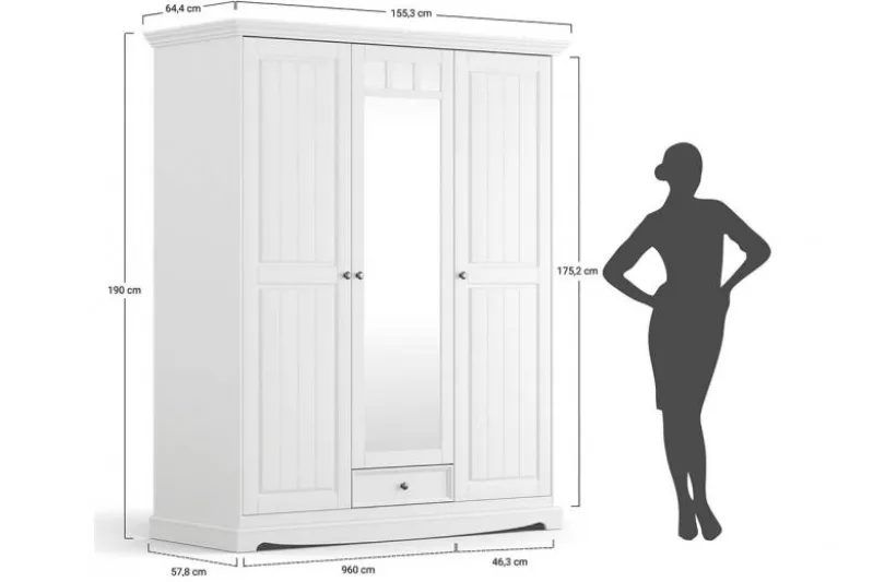 Armadio shabby chic legno massello di pino bianco 3 ante con specchio