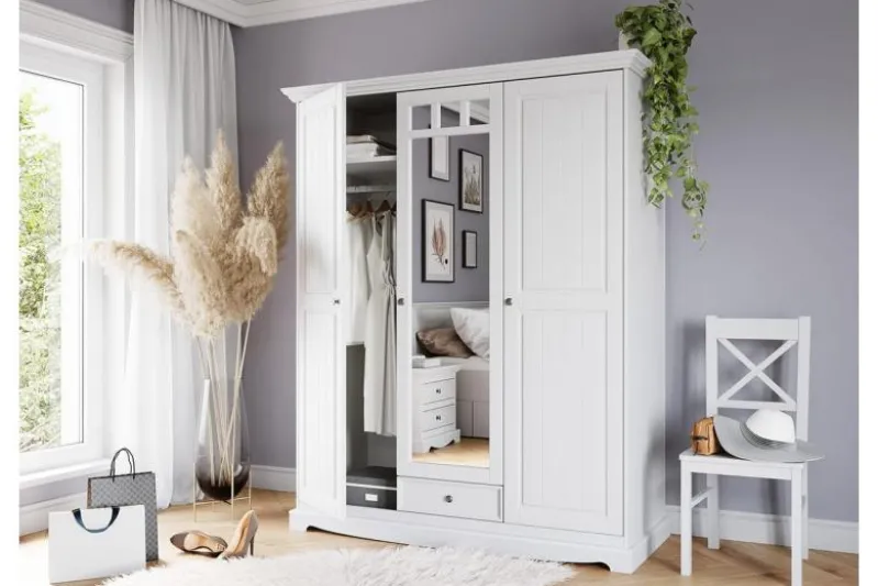 Armadio shabby chic legno massello di pino bianco 3 ante con specchio