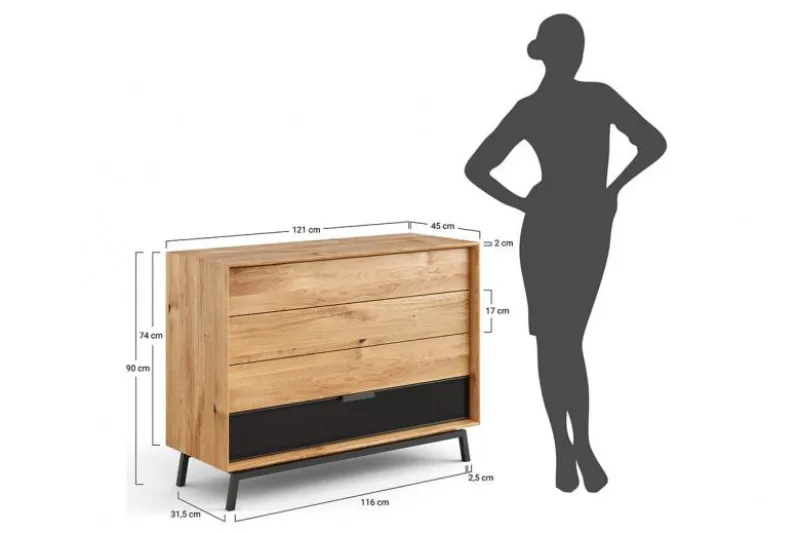 Cassettiera in legno naturale massello e vetro grafite moderna