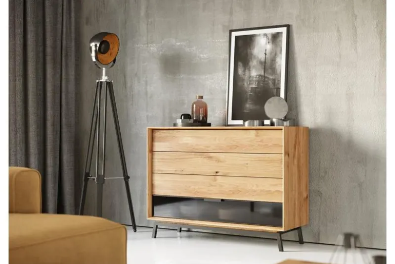 Cassettiera in legno naturale massello e vetro grafite moderna