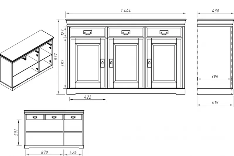 Cassettiera legno massello con 3 ante bianca toscano shabby