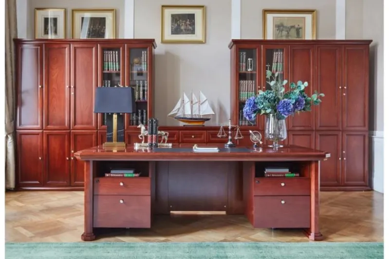 Completo ufficio PRESTIGE B710 con scrivania 220 cm e parete librerie lungo 520 cm