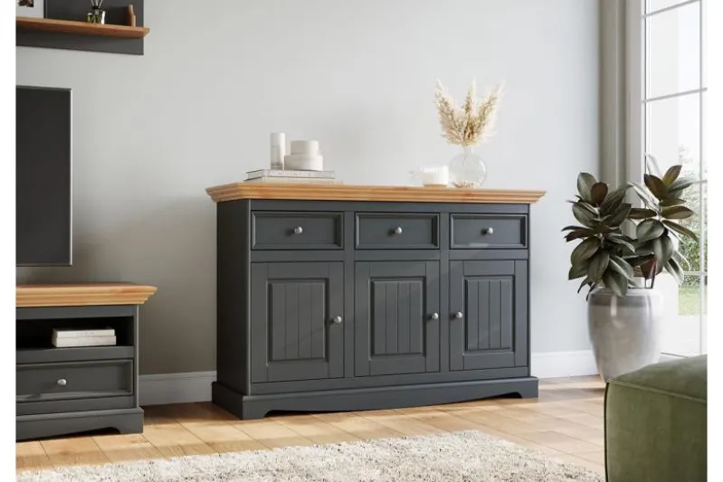 Credenza 3 ante pino massello grafite e naturale shabby chic