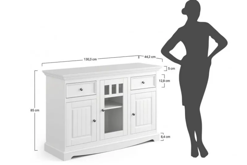 Credenza con cristalliera shabby chic pino massello bianco e top noce