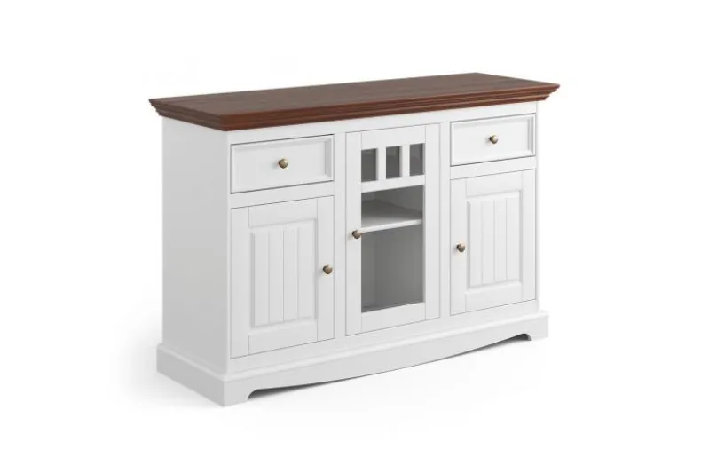 Credenza con cristalliera shabby chic pino massello bianco e top noce