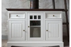 Credenza con cristalliera shabby chic pino massello bianco e top noce