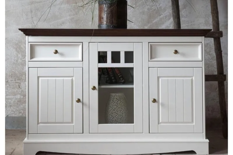 Credenza con cristalliera shabby chic pino massello bianco e top noce