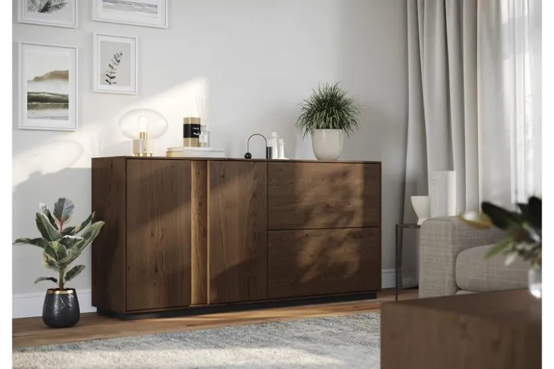 Credenza moderna alta in rovere massello tabacco con LED