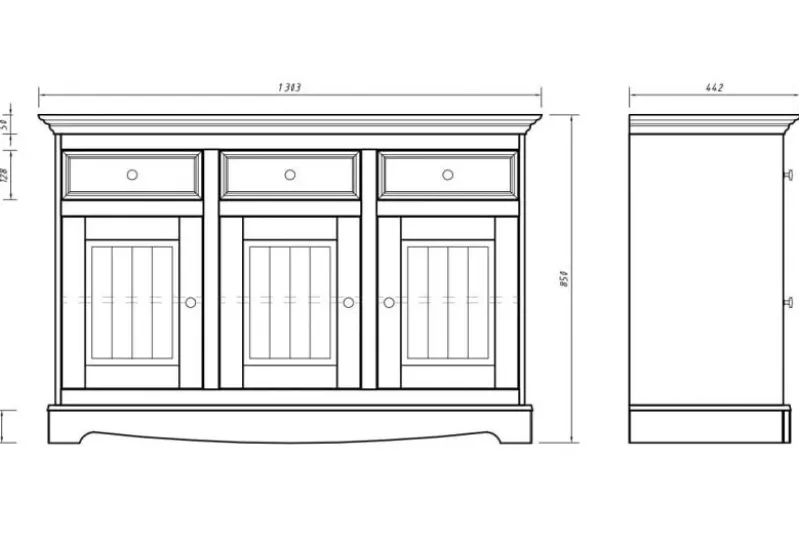 Credenza shabby chic 3 ante pino massello bicolore bianco e rovere