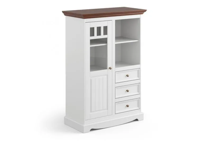 Cristalliera bassa shabby chic pino massello bianco e piano noce