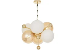 Lampadario a sospensione dorato bocce ambra e bianche AFRODIS W6