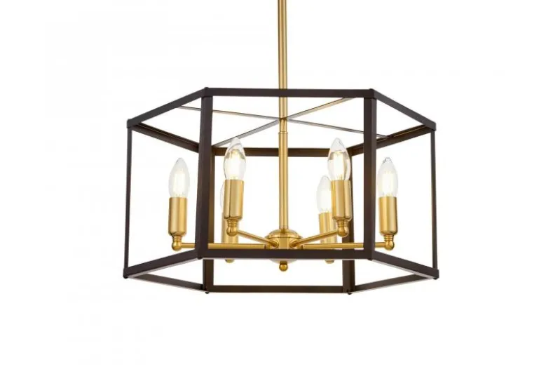 Lampadario a sospensione esagonale di metallo in colore nero con ottone LORTON W6