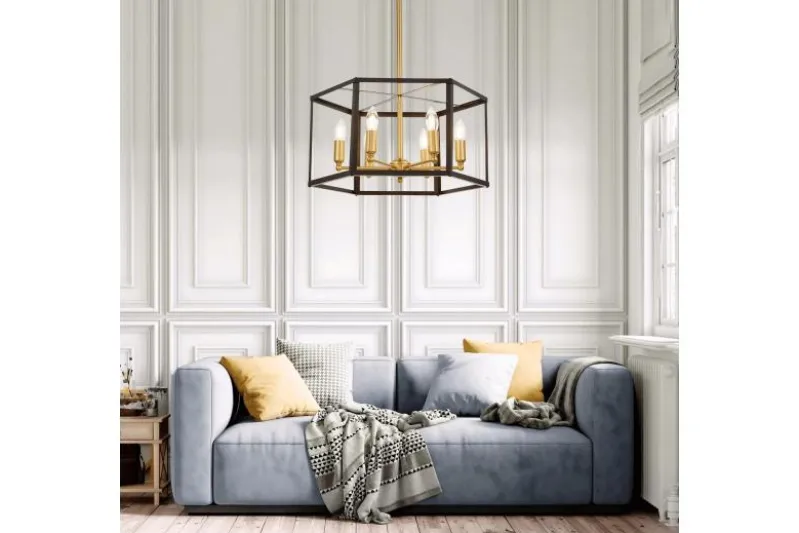 Lampadario a sospensione esagonale di metallo in colore nero con ottone LORTON W6