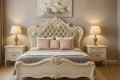 Letto classico imbottito con cornice in legno avorio 180 X 200 BELLA 976