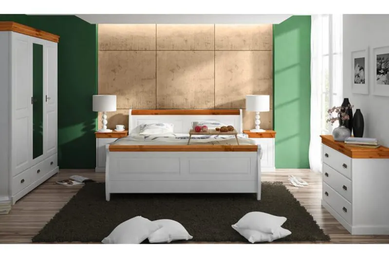 Letto 160x200 con cassetti in legno massello bianco e miele toscano shabby