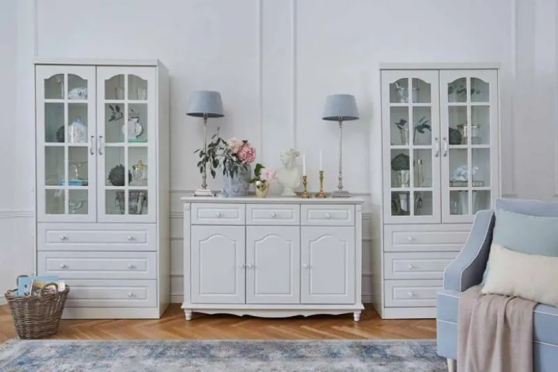 Libreria provenzale in legno con ante in vetro e cassetti Princess 850