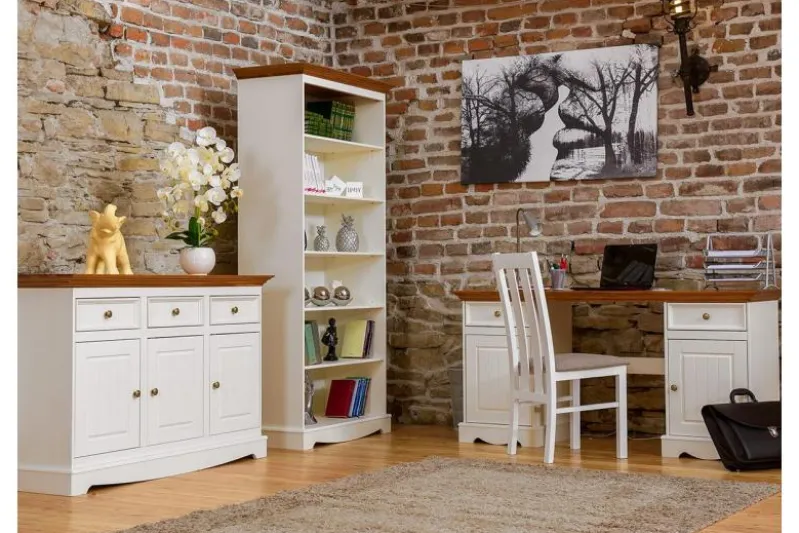 Libreria shabby chic pino massello bianco con cornice color rovere