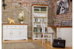 Libreria shabby chic pino massello bianco con cornice color rovere