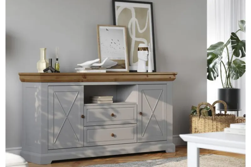 Madia pino massello di pino grigio cenere e top rovere shabby country