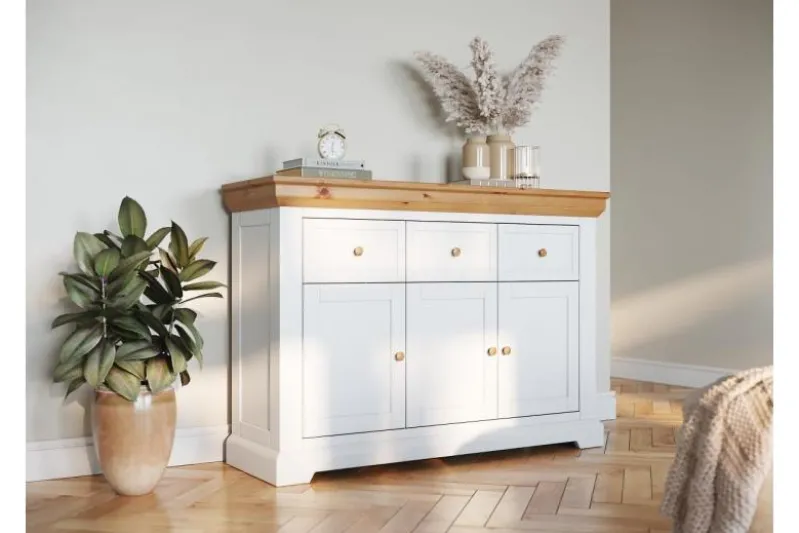 Mobile buffet legno massello tre cassetti bianco shabby country