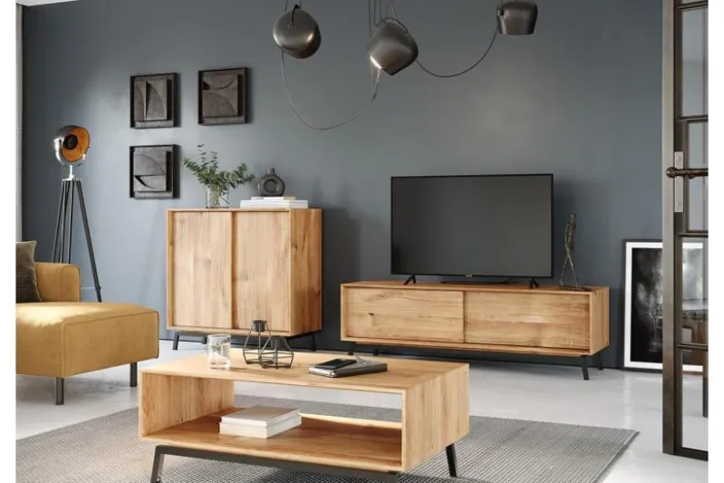 Mobile tv in legno naturale massello con ante a scorrimento