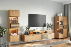 Mobile tv pensile rovere massello moderno con listelli neri