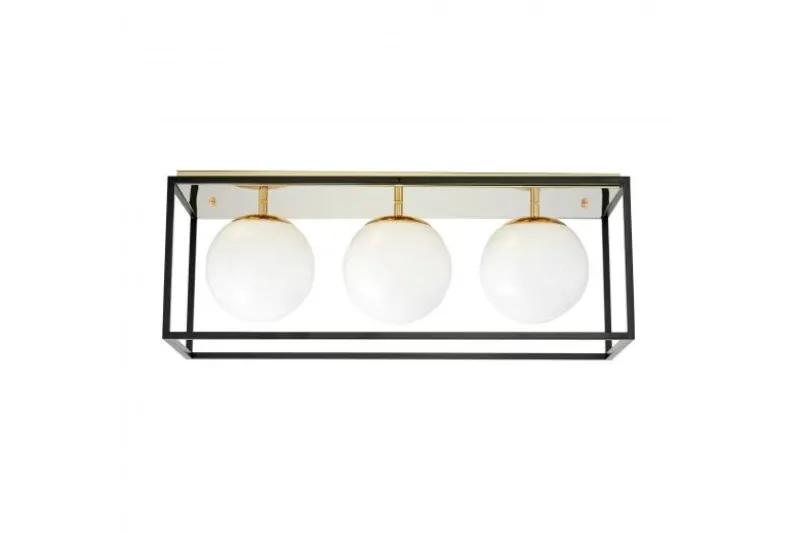 Plafoniera rettangolare in metallo nero oro di design con 3 sfere in vetro bianco MALDINI W3