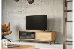 Porta tv in rovere naturale massello e vetro con ante scorrevoli
