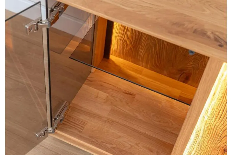 Porta TV moderno con vetrina e led rovere massello