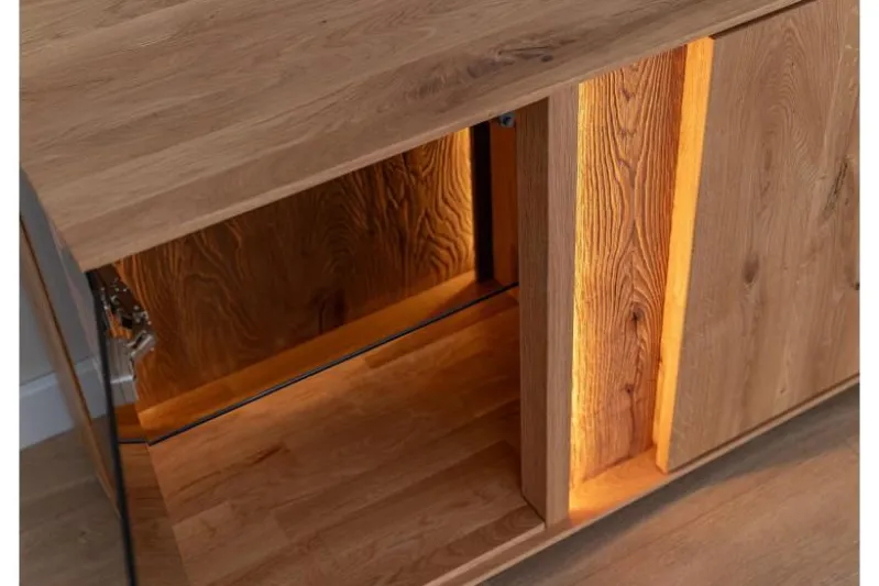 Porta TV moderno con vetrina e led rovere massello
