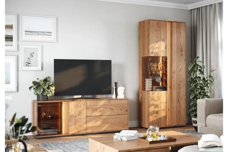 Porta TV moderno con vetrina e led rovere massello