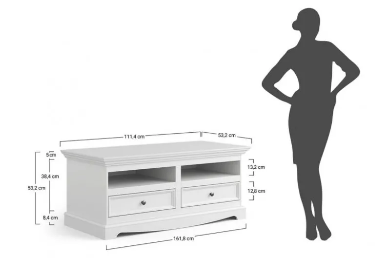 Porta tv shabby chic 2 cassetti pino massello bianco e top rovere