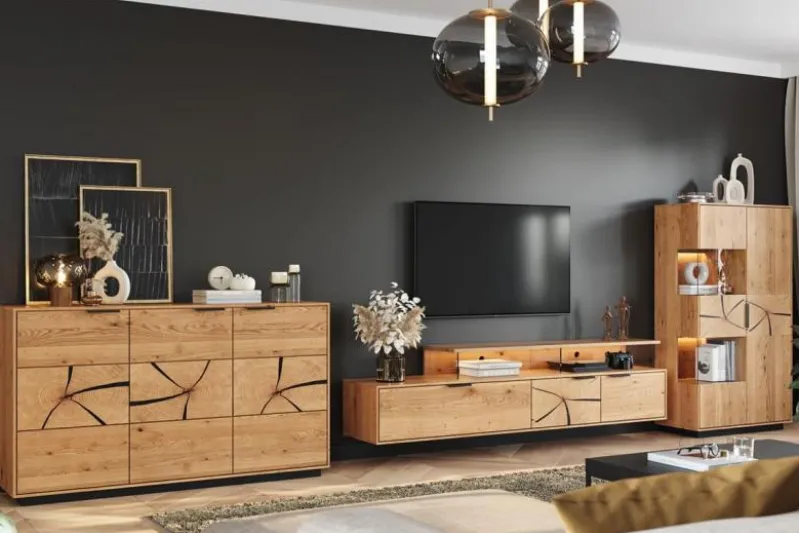 Porta tv sospeso rovere massello con frammento di tronco