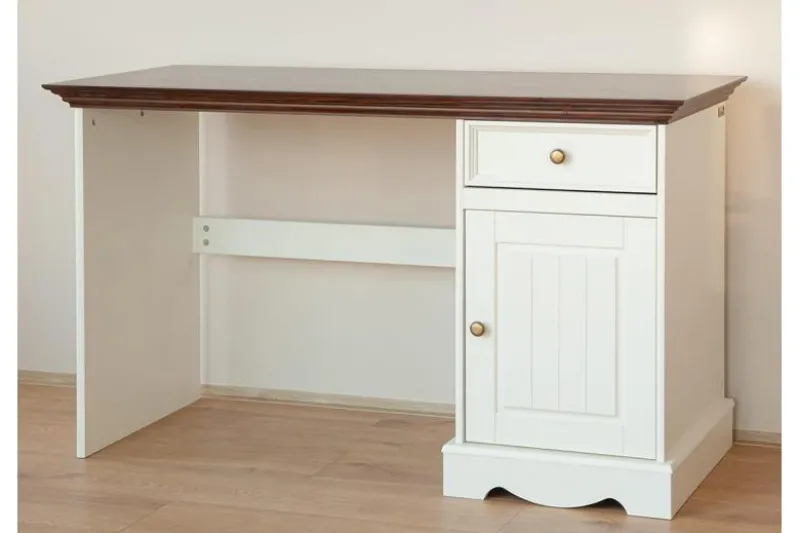 Scrittoio con armadietto shabby chic in pino massello bianco e noce