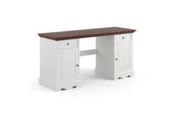 Scrivania shabby chic in pino massello bianco con piano noce