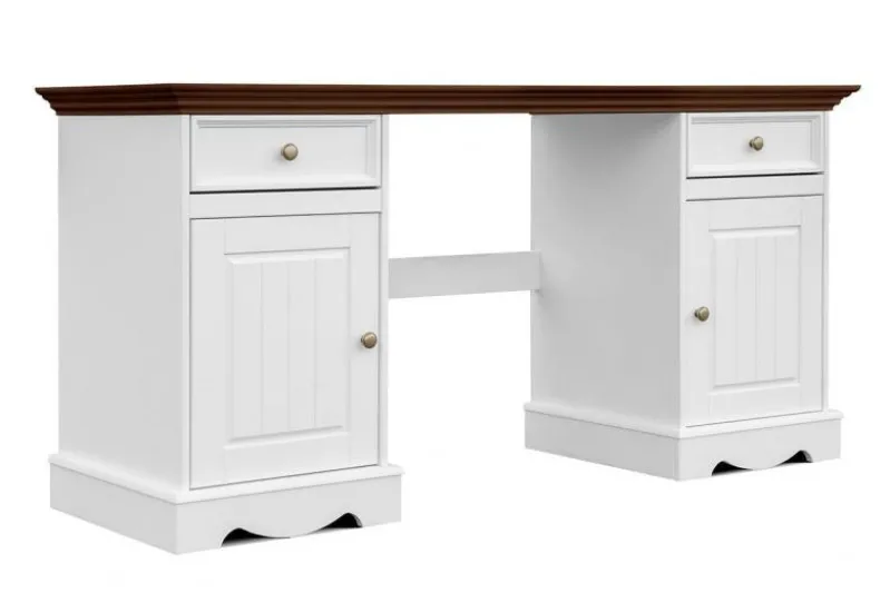 Scrivania shabby chic in pino massello bianco con piano noce