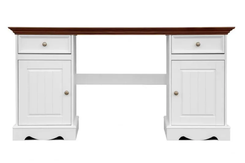Scrivania shabby chic in pino massello bianco con piano noce