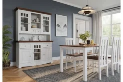Sedia in faggio massello bianco e noce con schienale alto shabby chic