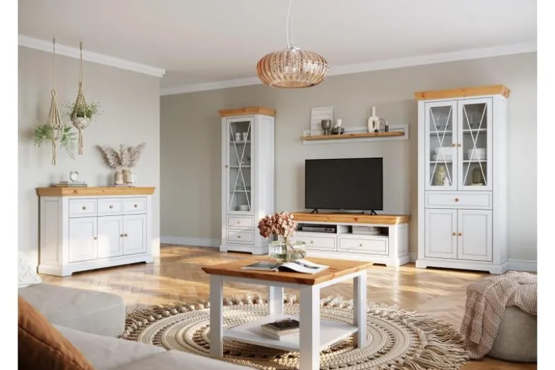 Tavolino in legno massello di pino bianco top naturale shabby country