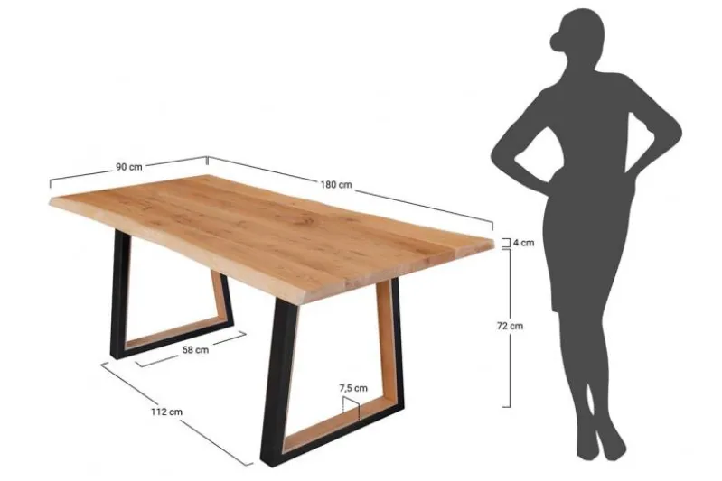 Tavolo legno rovere massello scortecciato gambe nere in metallo 90x180 GAVARDO