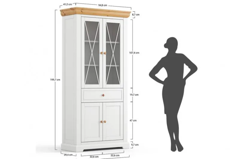 Vetrina due ante legno massello di pino bianca shabby country