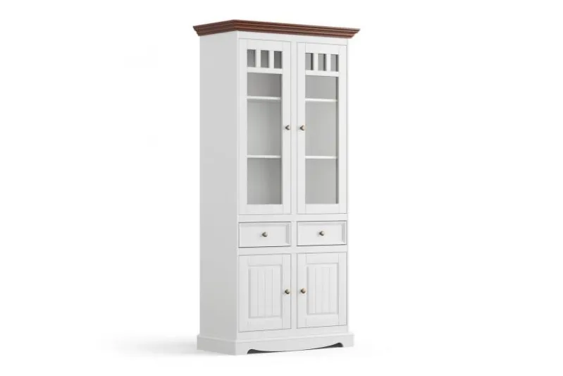 Vetrina shabby chic 2 ante pino massello bianco cornice noce